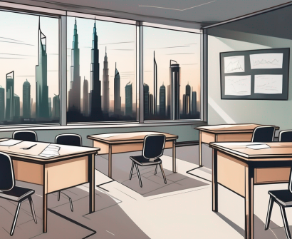 A classroom with empty teacher's desk and chalkboard in a modern dubai skyline setting