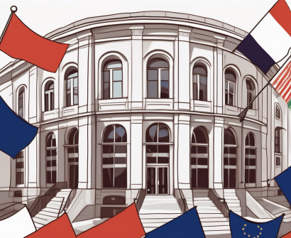 The international school of milan building surrounded by various international flags