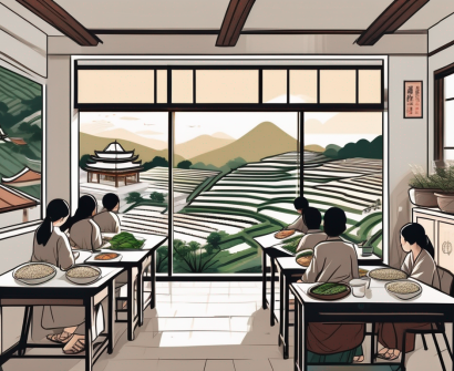 A scenic vietnamese classroom with a beautiful view of the country's landmarks