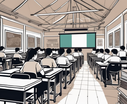 A bustling classroom in bangkok with desks