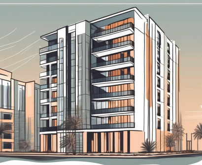 A modern apartment building in dubai with a school nearby