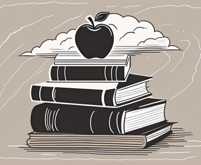 A teetering stack of books and an apple on a teacher's desk