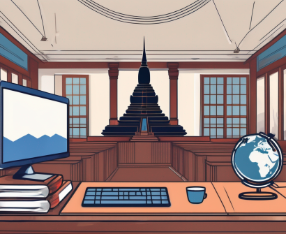 A classroom setting with a teacher's desk