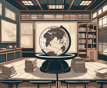 A classroom setting with a globe in the foreground