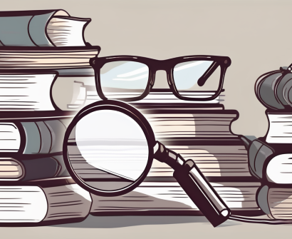 A stack of curriculum books with a magnifying glass over it
