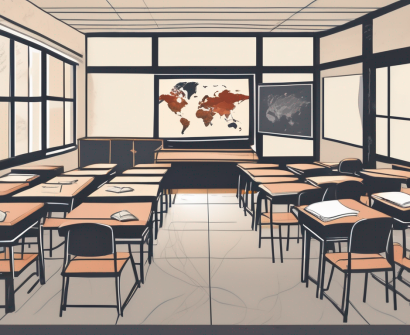 A classroom setting with a mix of chinese cultural elements and international teaching tools