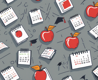 A calendar with various educational symbols like books