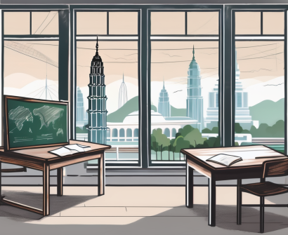 A classroom setting with a view of iconic malaysian landmarks through the window