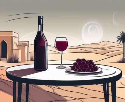 A traditional qatari landscape with a glass of wine and a non-alcoholic beverage side by side on a table