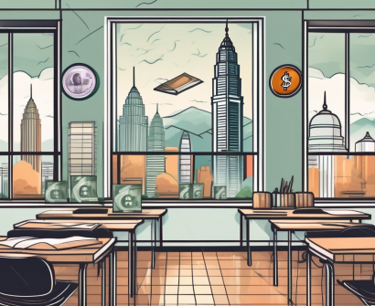 A classroom setting with diverse educational tools and a view of famous malaysian landmarks outside the window