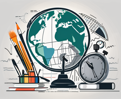 A globe surrounded by various educational tools such as a paintbrush