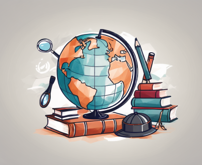 A globe with various educational tools like books