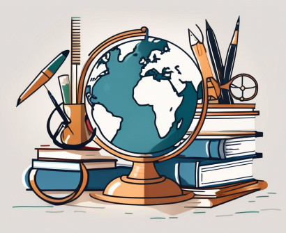 A globe surrounded by various educational tools like books