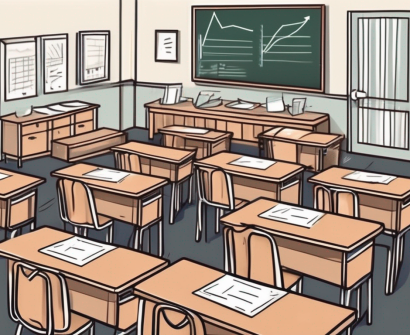 A classroom with empty desks and chairs