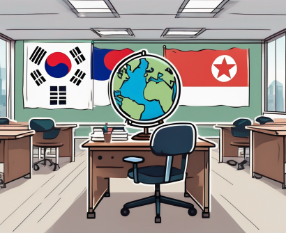 A classroom setting with an empty teacher's desk