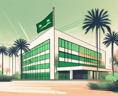 A school building with a saudi arabian flag flying atop