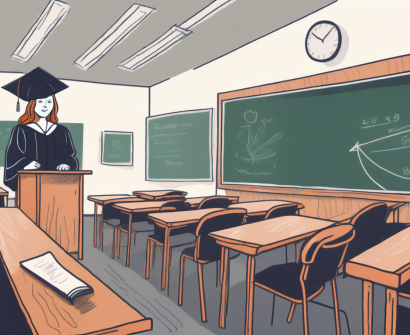 A classroom setting in the uk with a chalkboard
