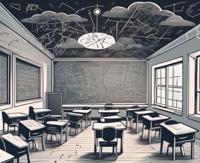 A classroom scene with desks and chairs in disarray