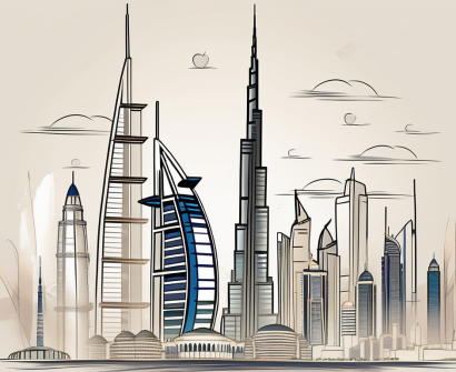 The dubai skyline with iconic buildings like the burj khalifa and burj al arab