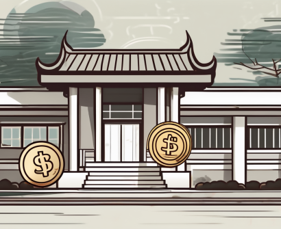A traditional thai school building with a stack of coins on one side