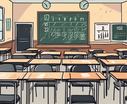 A classroom with empty desks and chairs