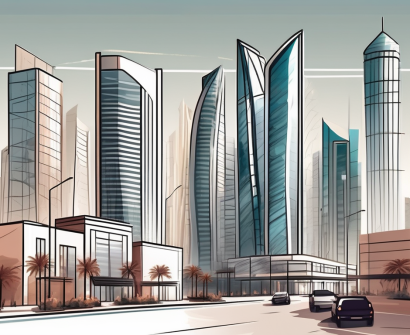 A qatari cityscape with highlighted elements like modern office buildings