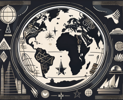 A globe surrounded by various cultural symbols
