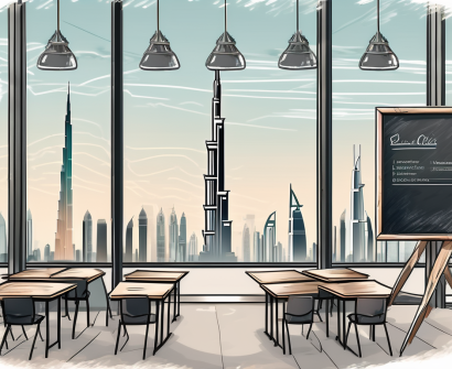 A classroom setting with a view of iconic dubai landmarks in the background