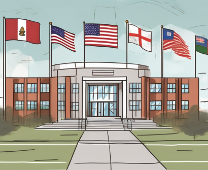 The lincoln community school building with a variety of international flags flying around it