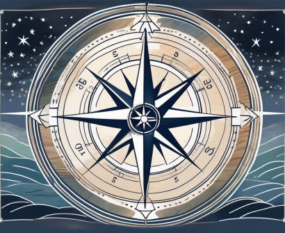 A compass navigating through a stormy sea