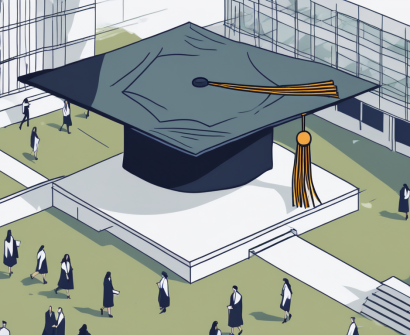The university of east london's campus with a graduation cap floating above it