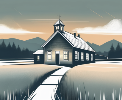 A solitary schoolhouse in a vast
