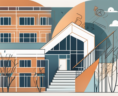 A school building surrounded by diverse cultural symbols