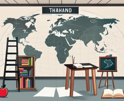 A classroom setting with a global map highlighting thailand