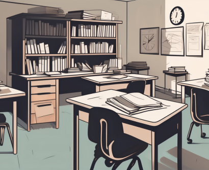 A dimly lit classroom with an empty teacher's desk