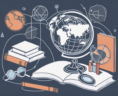 A globe with various educational symbols like books