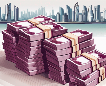 A stack of qatari riyals (currency) against the backdrop of a qatari cityscape