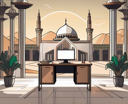 A classroom setting with a teacher's desk