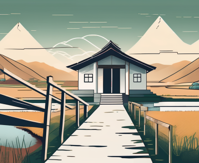A schoolhouse with a pathway leading towards it across a rural vietnamese landscape