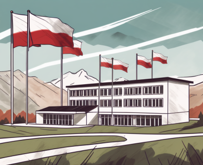 A typical austrian school building with various international flags fluttering in the wind