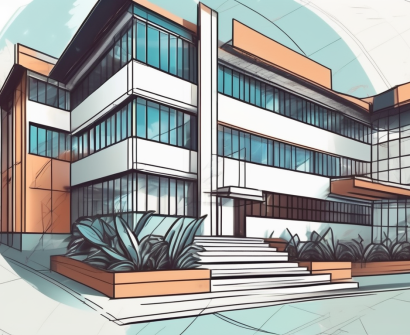 A modern international school building in thailand surrounded by symbolic elements representing trends such as technology