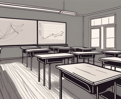 A classroom with empty desks and a blackboard