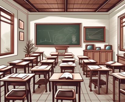A traditional vietnamese classroom setting with various teaching tools like a chalkboard