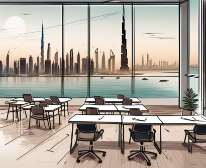 A classroom setting with diverse educational tools and a view of the uae skyline