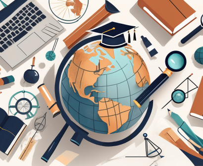 A globe surrounded by various educational tools like books