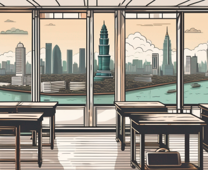 A classroom scene with a view of bangkok's skyline in the background