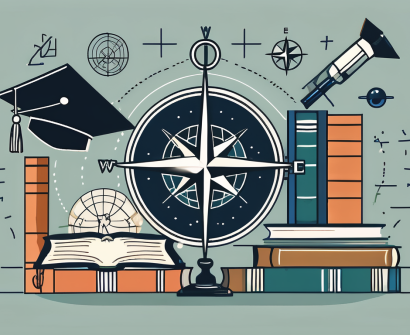 A compass surrounded by various academic symbols such as books
