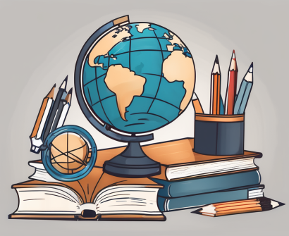 A globe surrounded by various educational tools like books