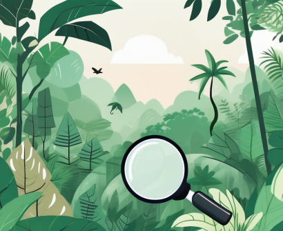 A lush malaysian rainforest with various environmental education symbols