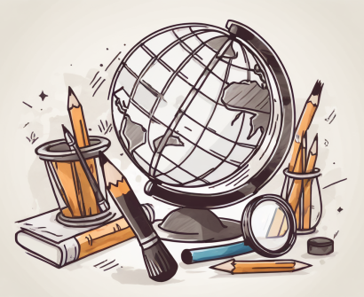 A globe surrounded by symbolic elements such as a pencil